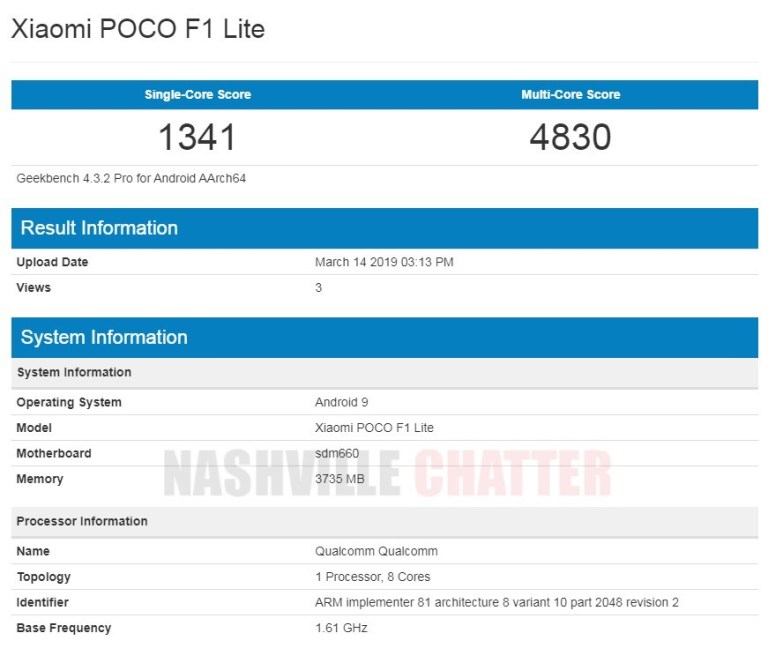 POCO F1 Lite Appears on Geekbench, Reveals Hardware Specifications